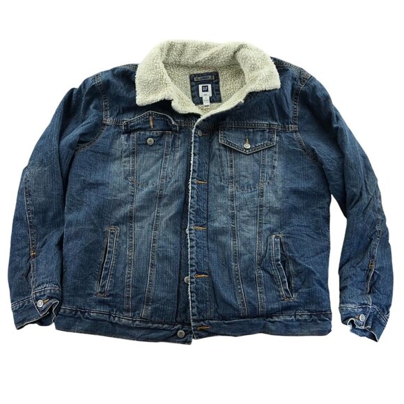 Gap Mens Jean Jacket Size XL Blue Denim Sherpa Lined Collared Button Up Cozy - Picture 1 of 14